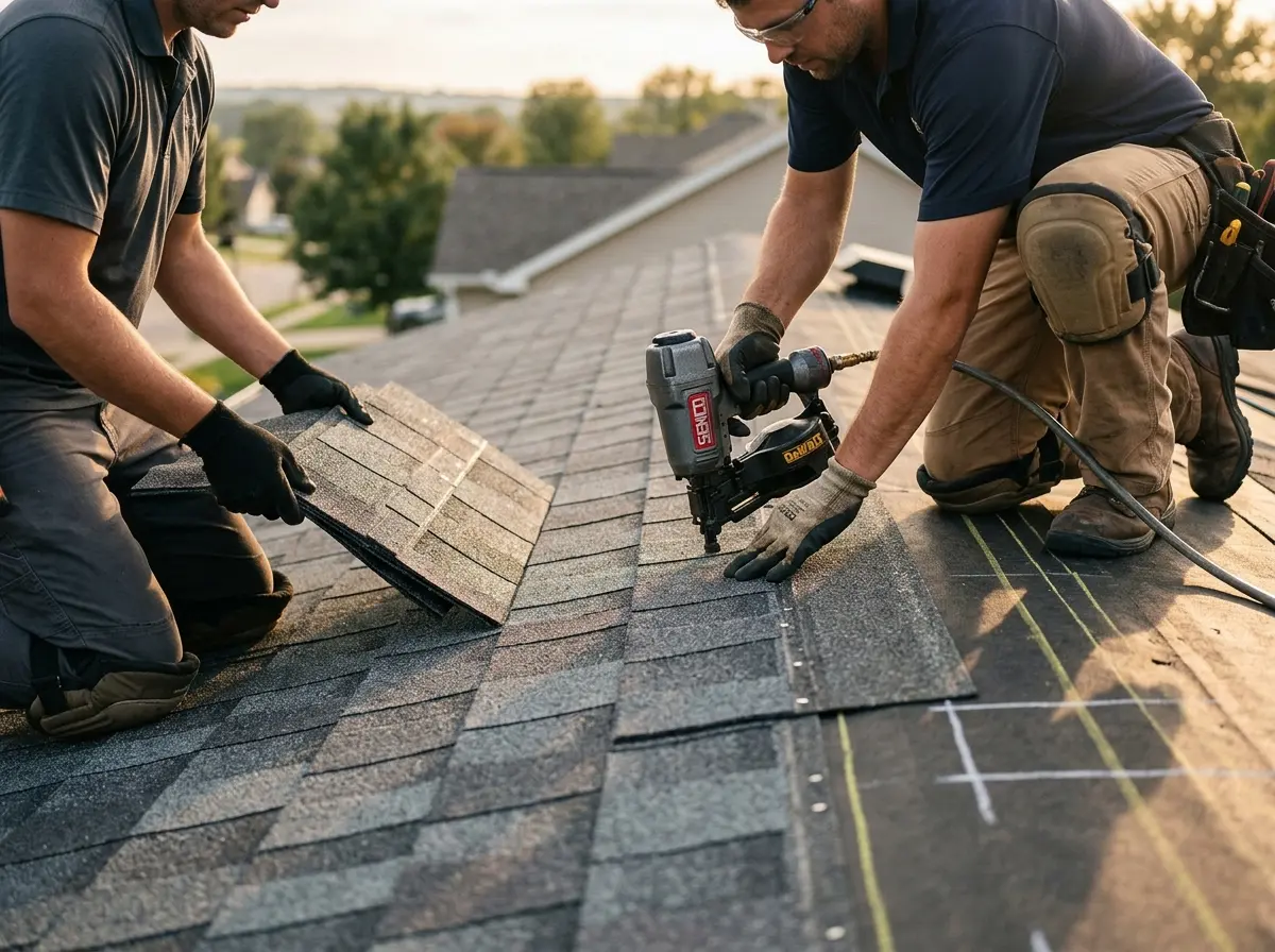 Professional roofer working on a residential roof in Lochearn